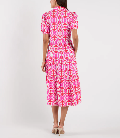 V Neck Puff Sleeve Tiered Geometric Print Midi Kleid Dress