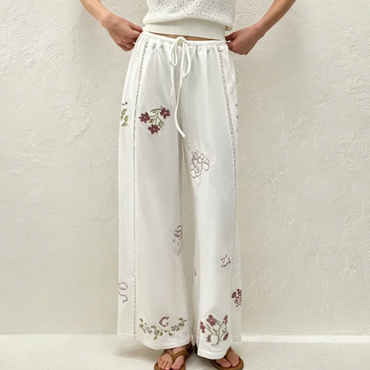 White Floral‑Embroidery Natural‑Waist Straight‑Leg Pants Trousers