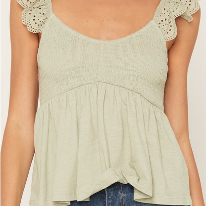 Eyelet Ruffle Strap V‑Neck Smocked Peplum Top